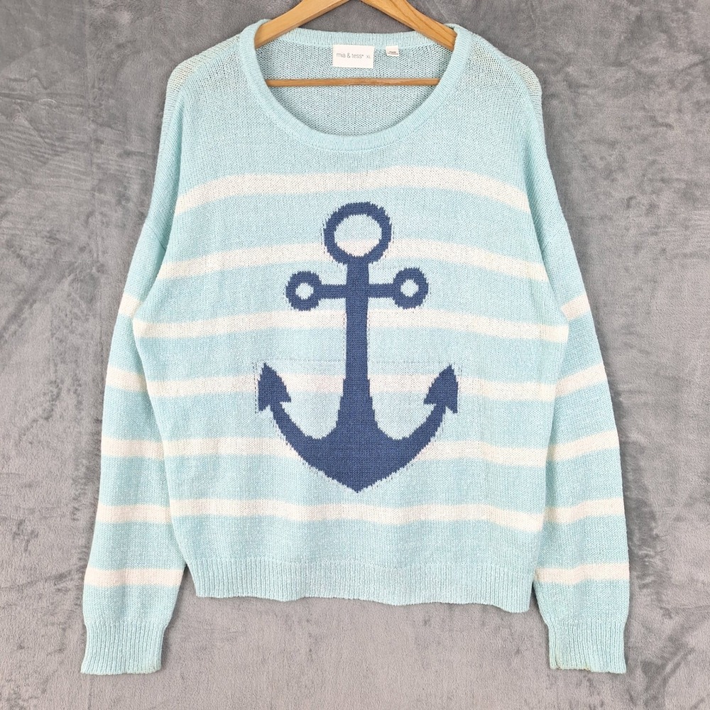 Womens Sweater XL Fisherman Nautical Anchor Sailor Coastal Cruise Resort Blue